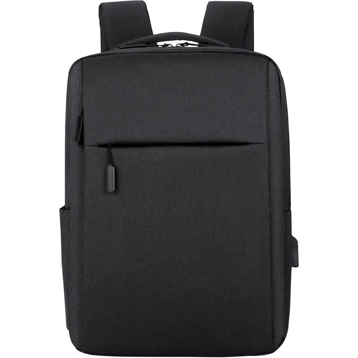 Rucsac pentru laptop din poliester impermeabil cu port USB extern, spate captusit aerisit si banda pentru troler, ISINI-CJ-K0497-260820-1297, negru, 41 x 29 x 12 cm