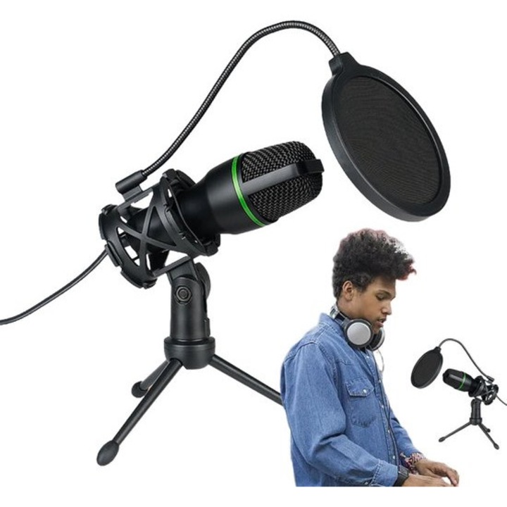 Mikrofon podcastokhoz GMK0375-260811-7, USB/3.5 mm, körsugárzó (360°-os felvétel), kompakt állvány, rezgéscsillapító tartó és pop-filter, RGB világítás, fekete