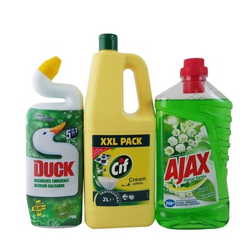 Set produse curatenie: Solutie WC Duck lichid, 750ML, Pin+Solutie pardoseli Ajax spring flowers, 1L+Crema curatat Cif lemon, 2L Set produse curatenie: Solutie WC Duck lichid, 750ML, Pin+Solutie pardoseli Ajax spring flowers, 1L+Crema curatat Cif lemon, 2L