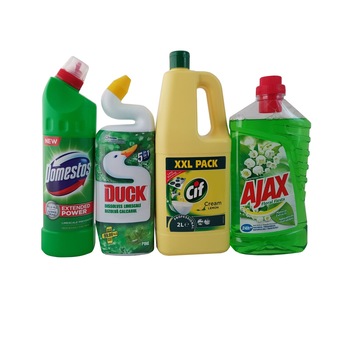 Set produse curatenie: Solutie WC Duck lichid, 750ML, Pin+Solutie pardoseli Ajax spring flowers, 1L+Crema curatat Cif lemon, 2L+Solutie WC Domestos lichid, 750 ml Set produse curatenie: Solutie WC Duck lichid, 750ML, Pin+Solutie pardoseli Ajax spring flowers, 1L+Crema curatat Cif lemon, 2L+Solutie WC Domestos lichid, 750 ml