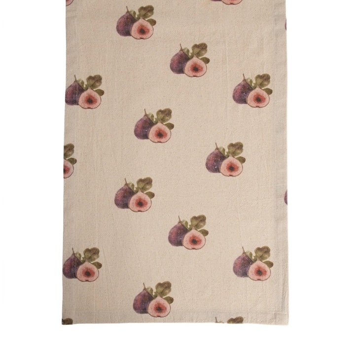 Homla Ambra pamut asztali futó, 190 g/m² gramázs, füge és zöld levél mintával, krémszínű, 40 x 160 cm