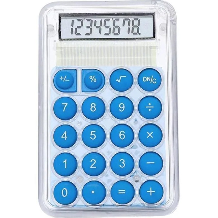 Set de 2 calculatoare de buzunar K0369-0721-WG7526, 8 cifre, ecran LCD, butoane din silicon, alimentare baterie buton, carcasa ABS, albastru/transparent, 8.6 x 5.5 cm