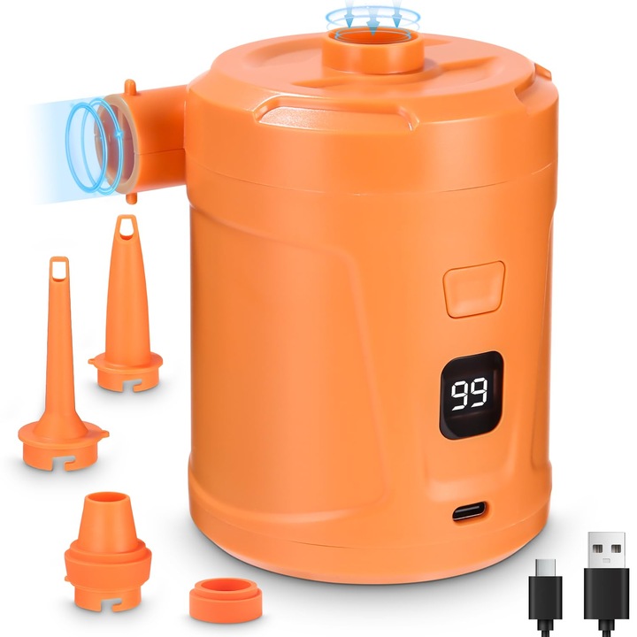 Pompa de aer electrica K0369-0612-WG6824, reincarcabila 5200mAh, 15 W, 300 l/min, 3 duze, afisaj digital, USB-C, portocaliu