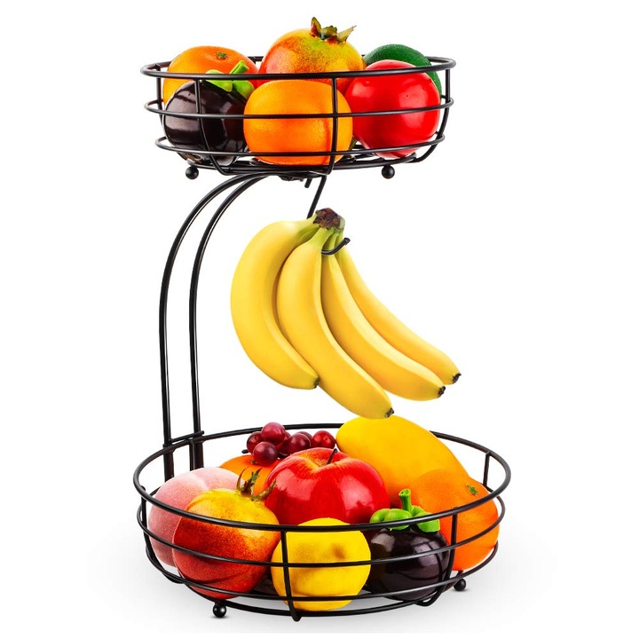 Suport pentru fructe 2 niveluri cu carlig pentru banane, metal, negru, 11 in latime x 15 in inaltime
