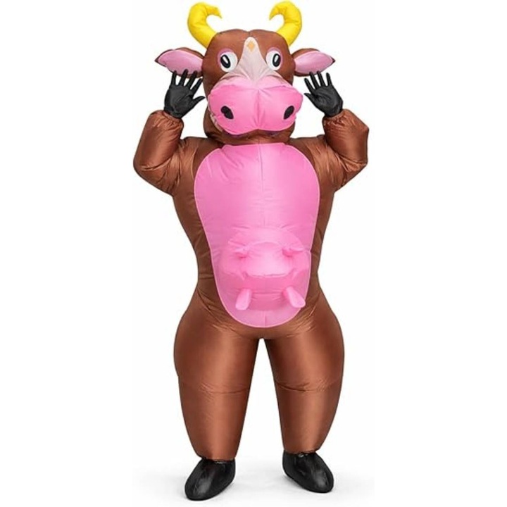 Costum gonflabil vaca Highland din poliester, maro/roz, marime universala pentru adulti (150–190 cm)