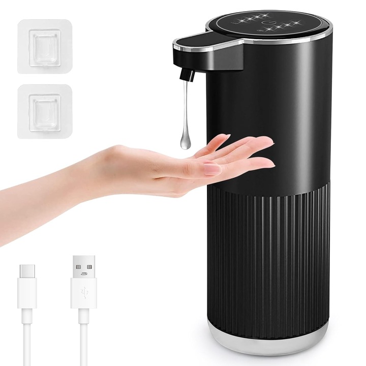 Dozator automat fara atingere pentru sapun/gel dezinfectant K0369-0603-WG6540, spumare reglabila 4 trepte, USB-C reincarcabil 2000mAh, 360 ml, negru