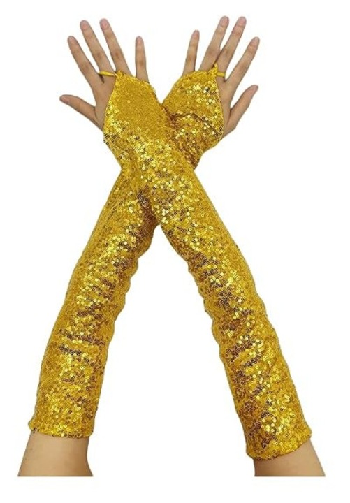 Manusi elegante, lungi, fara degete, din dantela cu paiete, manusi stralucitoare, perfecte pentru costume de petrecere, spectacole, nunti si evenimente de seara (aurii).