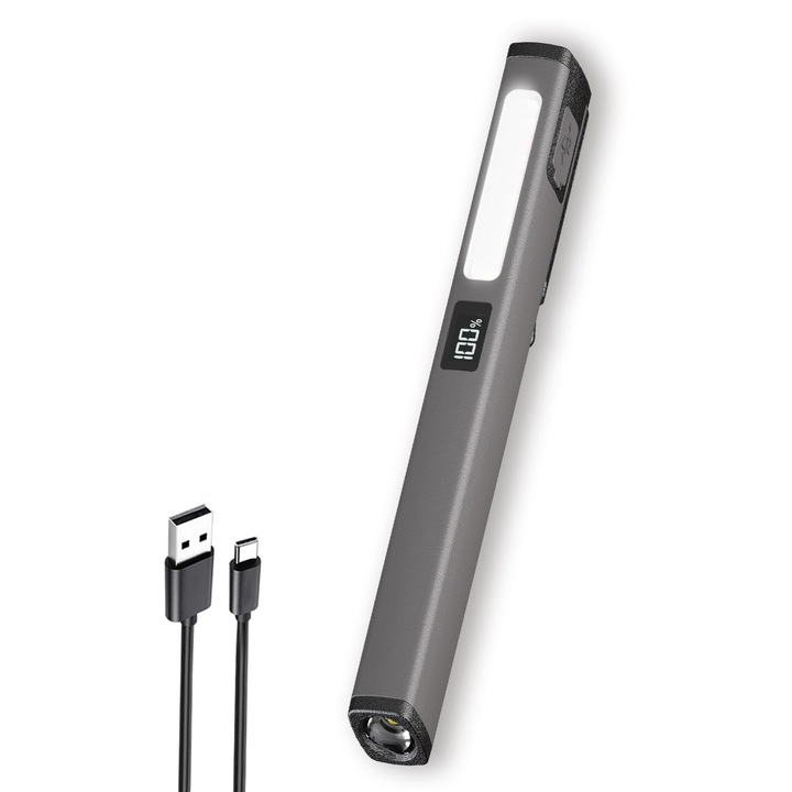 Lanterna tip pix reincarcabila K0369-0609-WG6699, USB-C, clema magnetica ABS, indicator nivel baterie LED, gri