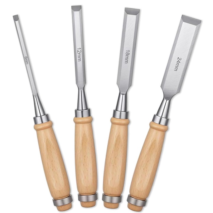Set de dalti pentru lemn K0369-0608-WG6628, lame forjate calite cu muchie batuta, manere din lemn, capace din plastic, 6/12/18/24 mm, Multicolor