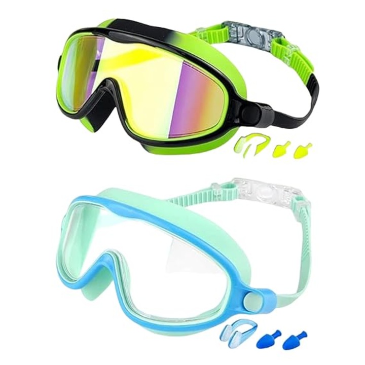 Set 2 ochelari de inot din silicon, anti-ceata, protectie UV, lentila panoramica 180°, reglabili, model K0369-0703-WG7003, verde camuflaj (auriu) / verde si albastru, 3–15 ani
