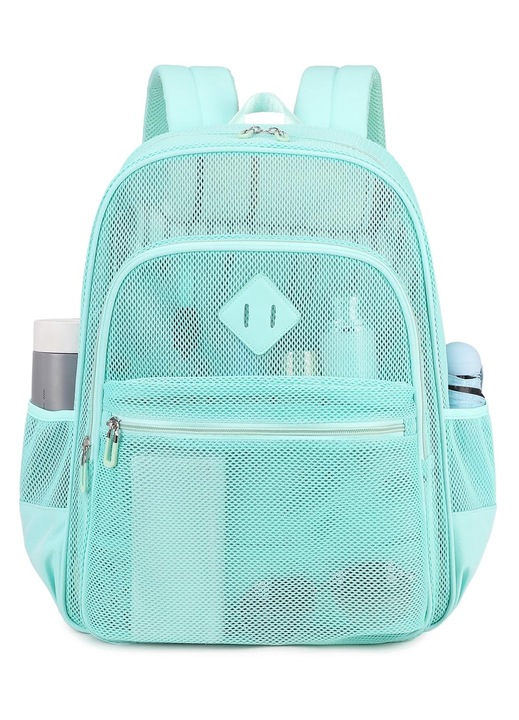 Rucsac din plasa poliester, transparent, respirant, cu buzunare multiple si bretele captusite, verde menta, 33 x 14 x 44 cm