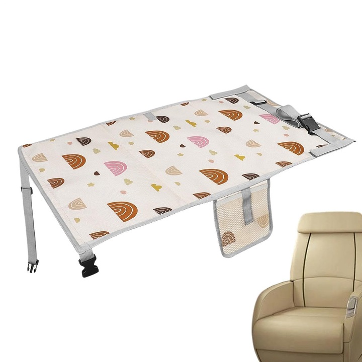 Extensie scaun avion pentru bebelusi, pliabila, impermeabila cu bretele reglabile, model K0369-0805-WG7984, crem cu imprimeu multicolor