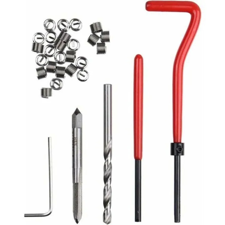 Set reparare filete M5 K0369-0717-WG7453, insertii helicoidale M5 x 0,8, 30 piese, cu tarod, burghiu si scule de montaj, Multicolor