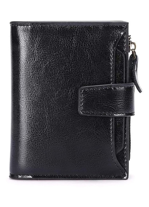 Portofel pentru femei din piele naturala cu protectie RFID, buzunar monede cu fermoar, 11 sloturi card si 4 ferestre ID, K0369-0716-WG7427, negru, 10 x 3 x 13 cm