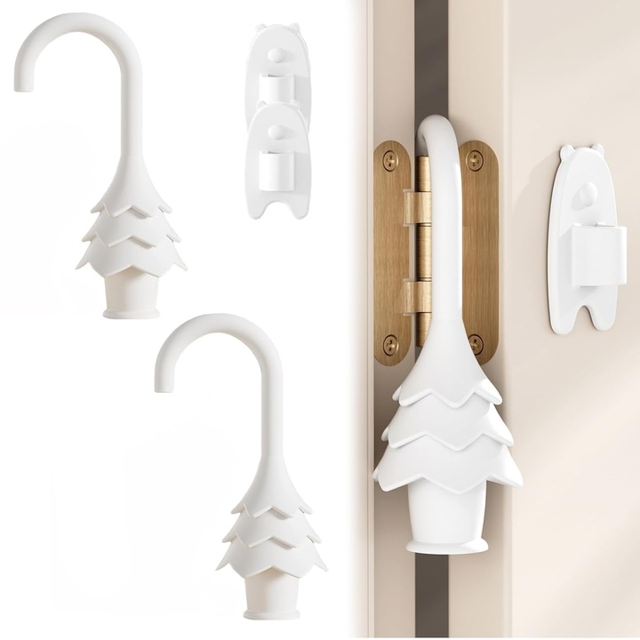Protectie balama usa din silicon K0472-0611-XL3244, forma brad, protectie anti-prindere pentru degete, fara gaurire, cu carlig de depozitare adeziv, alb, set 2 buc.