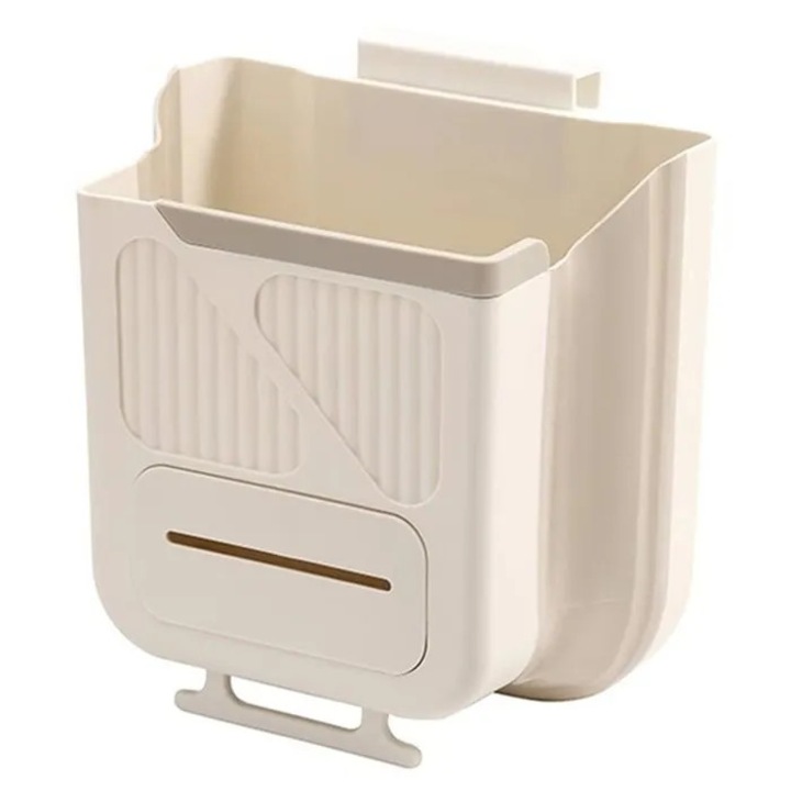 Cos de gunoi pliabil suspendat pentru usi de mobilier K0369-0728-WG7756, montaj fara gauri pentru usi de dulap pana la 2,5 cm, din PP, crem