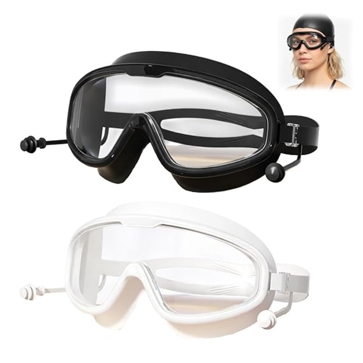 Set de 2 ochelari pentru gene, cadru PC cu garnitura din silicon, etansi, anti-aburire, cu dopuri integrate pentru urechi, negru/alb