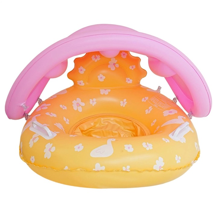 Colac de inot pentru copii K0472-0623-XL3561, parasolar detasabil, scaun cu perna integrata, imprimeu floral, roz/portocaliu