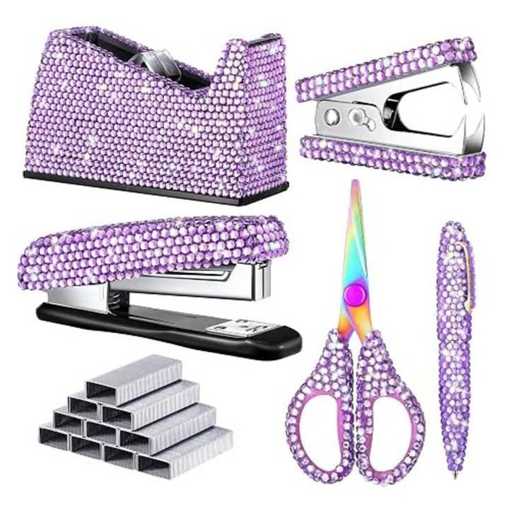 Set de 6 accesorii de birou K0472-0708-XL3799, capsator, dispenser banda adeziva, perforator, foarfece, pix, extras capse cu capse incluse, mov