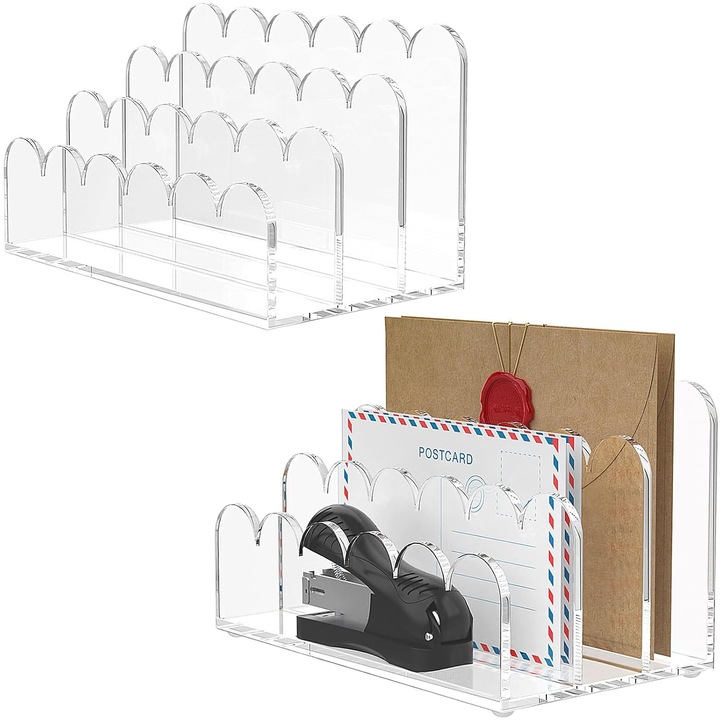 Organizator de birou din acril cu 3 compartimente, transparent, design ondulat, suport vertical pentru corespondenta si documente, compatibil cu hartie Letter