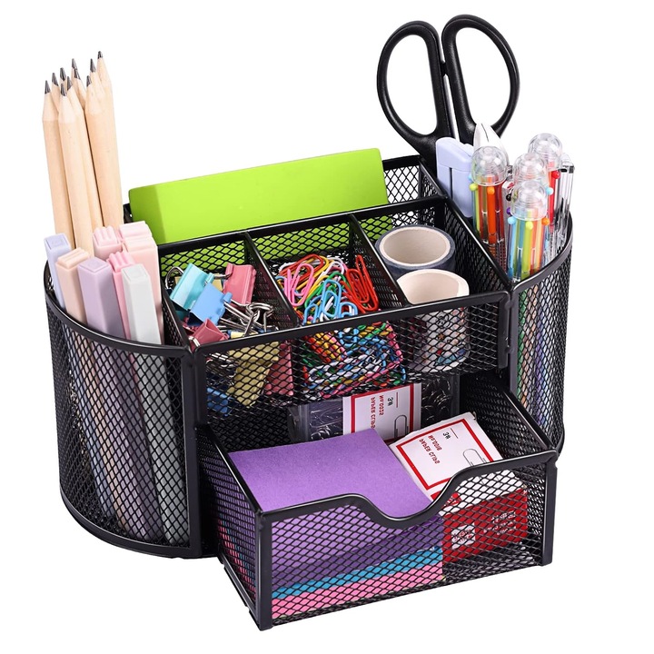 Organizator de birou din plasa metalica K0472-0708-XL3806, 8 compartimente si 1 sertar, negru