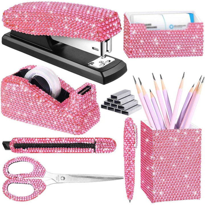 Set 7 piese accesorii birou cu cristale stralucitoare, capsator, distributer banda adeziva, suport carduri, suport pixuri/creioane, foarfeca, cutter, pix, roz, K0472-0708-XL3800