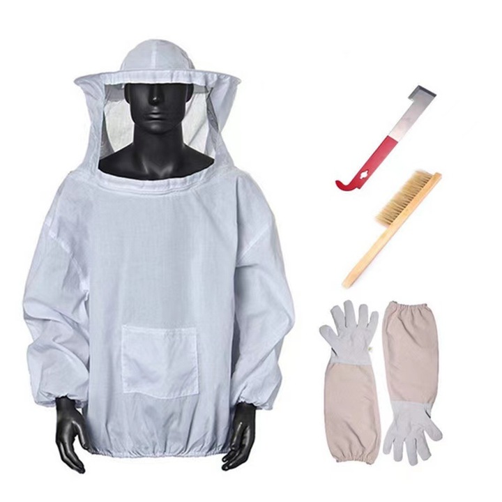Costum alb de apicultor, echipament complet de protectie – plasa respirabila, durabil, protectie solara, set complet.