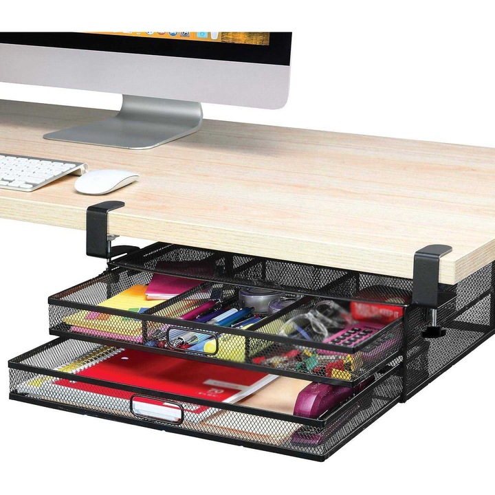 Organizator subbirou cu 2 sertare glisante K0472-0708-XL3815, metal plasa, prindere pe marginea biroului, negru, 40 x 30 x 11 cm
