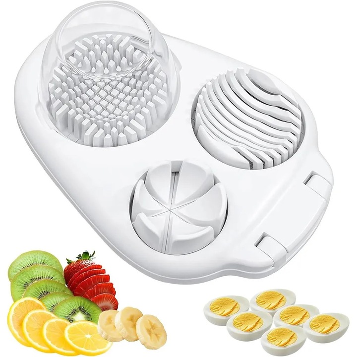 Taietor de oua 3-in-1 K0472-0714-XL4046, din ABS cu sarma din otel inoxidabil 304/430, felii/segmente/cuburi, alb