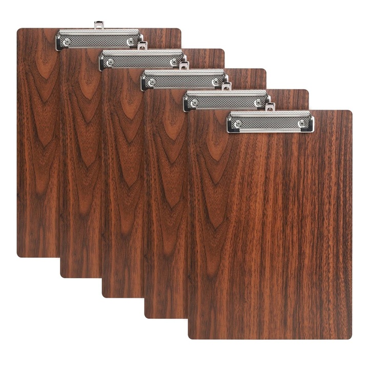 Clipboard A4 din placaj (hardboard) cu clema metalica si bucla de agatare retractabila, maro aspect lemn, set 5 buc