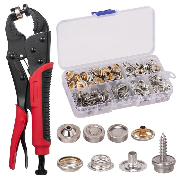 Cleste pentru capse K0472-0709-XL3855 reglabil, cu 3 matrite si 40 seturi capse 15 mm, pentru materiale pana la 3 mm, negru/rosu