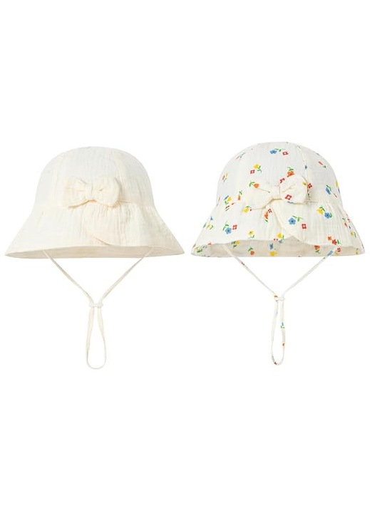 Set 2 palarii de vara pentru bebelusi, bumbac cu funda si snur reglabil, crem / crem cu imprimeu multicolor, 0-2 ani
