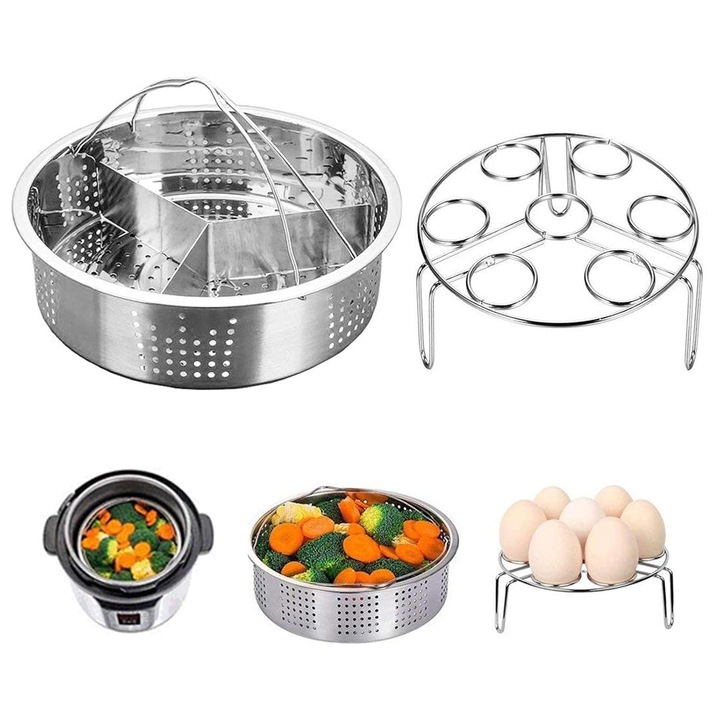 Cos pentru gatit la abur din otel inoxidabil, set cu separator triplu si suport pentru 7 oua, argintiu, model K0472-0710-XL3910