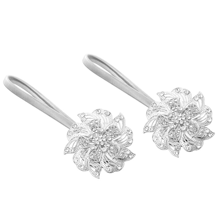 Set de 2 cleme pentru draperii, floare metalica cu cristale, cu arc reglabil, argintiu, K0472-0616-XL3414