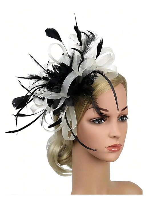 Fascinator pentru par din sinamay si pene cu bucle decorative si clips, negru/alb, marime universala