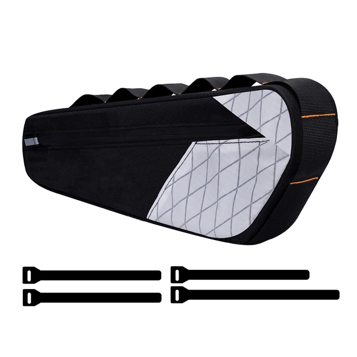 Geanta de cadru pentru bicicleta K0369-0805-WG7997, impermeabila din poliester+PU, capacitate 2.5 L, acces lateral cu fermoar, curele detasabile, banda reflectorizanta, profil subtire 55 mm, negru/alb