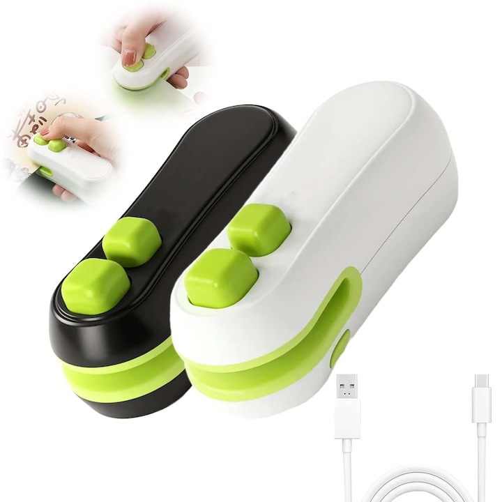 Sigilator de pungi portabil K0472-0617-XL3456, 2-in-1 (sigilare termica si cutter), reincarcabil USB, magnetic pentru frigider, functionare rapida 5s, Multicolor
