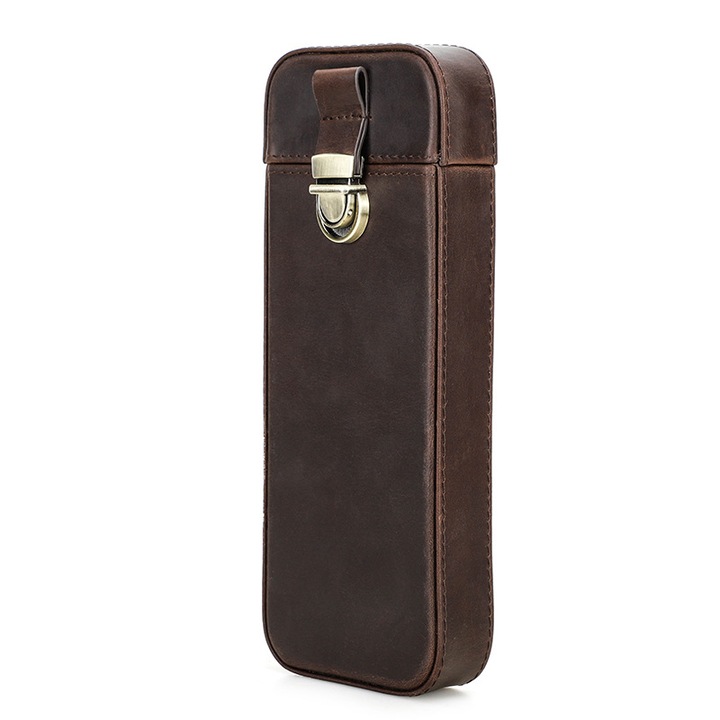Etui din piele pentru pixuri si creioane K0472-0721-XL4256, cu inchidere metalica, 3 compartimente, maro inchis