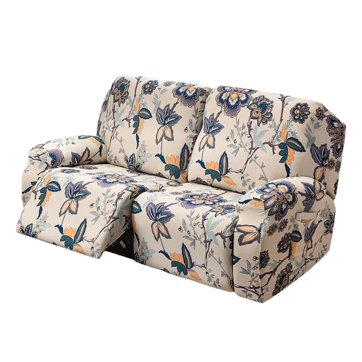 Husa elastica pentru canapea recliner dublu, poliester 92%/spandex 8%, imprimeu floral, Multicolor (bej fundal), pentru latime sezut 50–75 cm, K0369-0810-WG8192