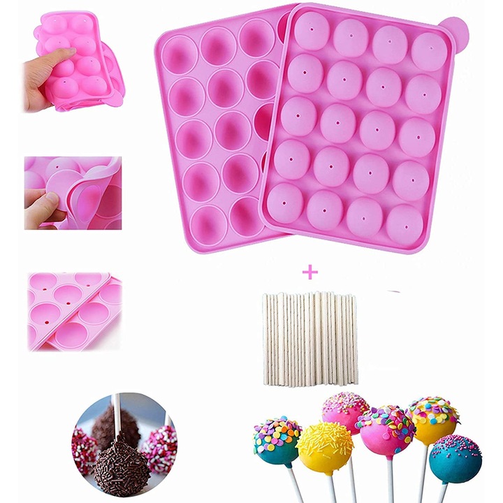 Matrita din silicon pentru cake pops K0369-0808-WG8148, 20 cavitati rotunde diametru 4 cm, rezistenta la temperaturi -40°C pana la 230°C, antiaderenta, pentru cuptor, roz, 22.5 x 18 x 3 cm, include 20 betisoare