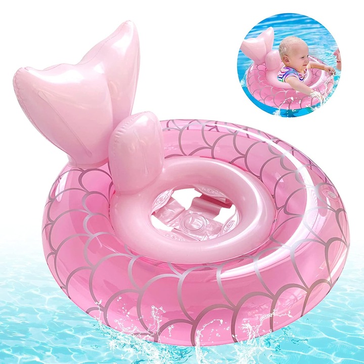 Colac gonflabil pentru bebelusi K0472-0603-XL2998, scaun de siguranta integrat cu deschidere pentru picioare, design coada sirena, roz