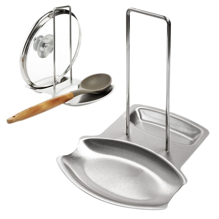 Suport pentru capace si ustensile K0369-0808-WG8144, otel inoxidabil, rezistent la rugina, tava pentru linguri si spatule, argintiu, 16 x 19 x 15.5 cm