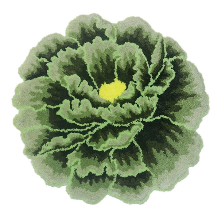 Covor decorativ floare (bujor) K0472-0618-XL3496, poliester, baza antiderapanta din latex, lavabil, verde/galben, 80 x 80 cm