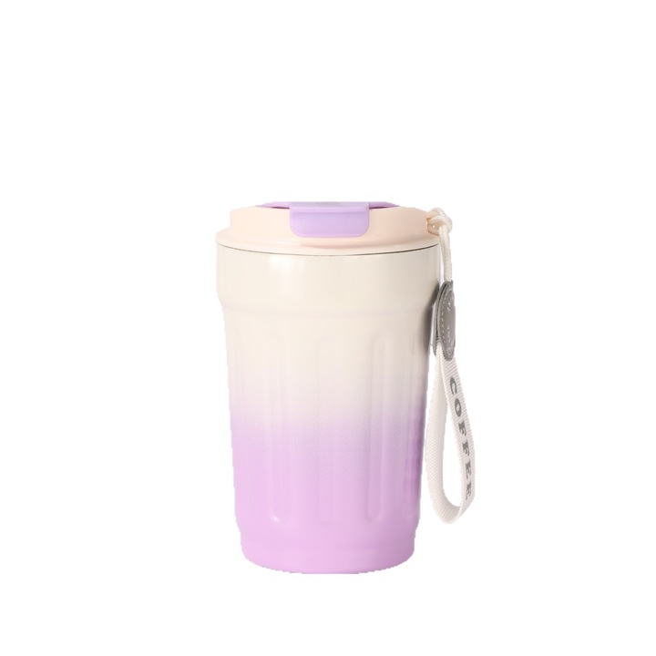 Cana termica cu izolatie ceramica K0472-0729-XL4547, capac etans, maner antiderapant si curea de transport, bej/mov
