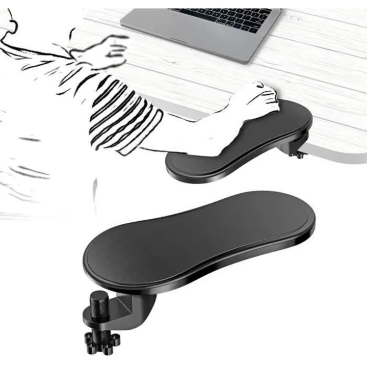 Suport de brat ergonomic pentru birou K0369-0804-WG7963, montare cu clema reglabila, cap articulat 180°, panouri ABS cu perna moale, negru