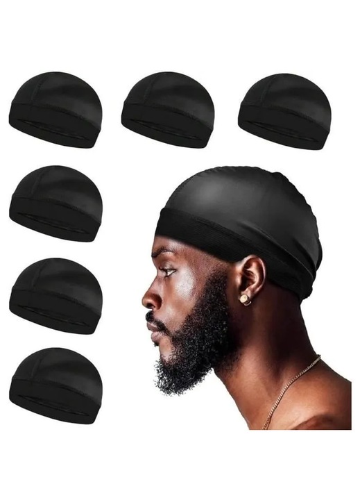 Set 6 bonete de protectie din satin pentru waves, peruci si impletituri, cu banda elastica, negru, marime universala