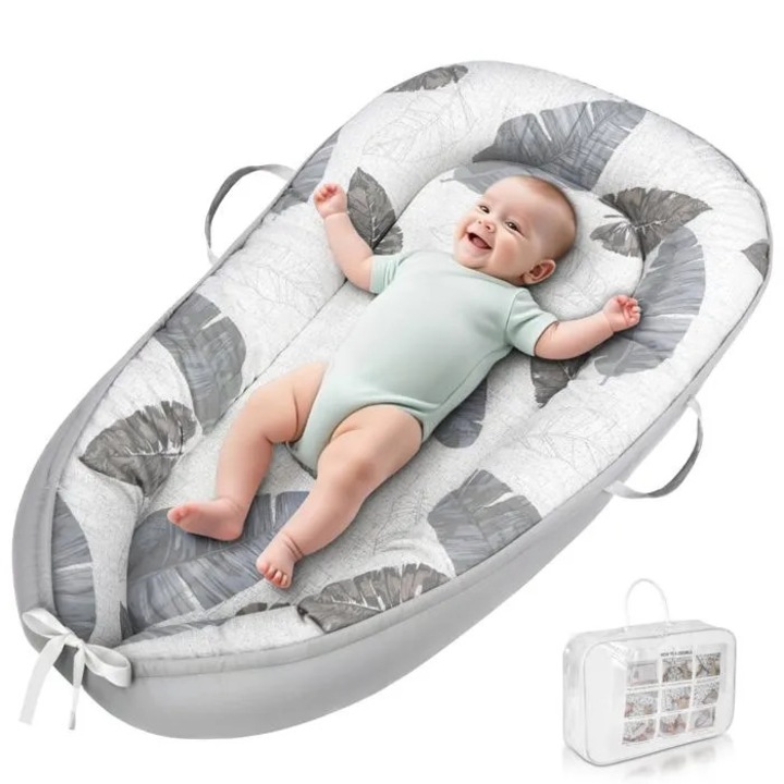 Cuib pentru bebelusi K0369-0804-WG7938 din bumbac, 360° margine captusita, husa cu fermoar lavabila, reglabil si portabil, gri/alb