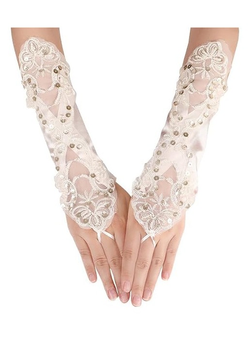 Manusi fara degete din dantela, cu paiete si margele, pentru femei, potrivite pentru rochii de mireasa si accesorii (culoare sampanie).