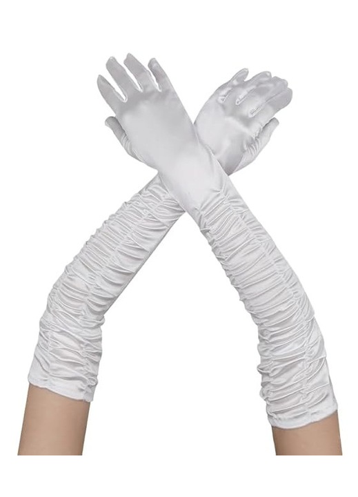 Manusi lungi din satin pana la cot, manusi de opera stil anii 1920, manusi de mireasa pentru nunta/banchet, manusi elastice plisate pentru adulti de 19,69 inch pana la cot (alb).