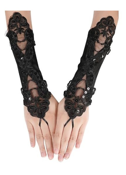 Manusi fara degete din dantela, cu paiete si margele, pentru femei, potrivite ca accesorii pentru rochia de mireasa (negru).